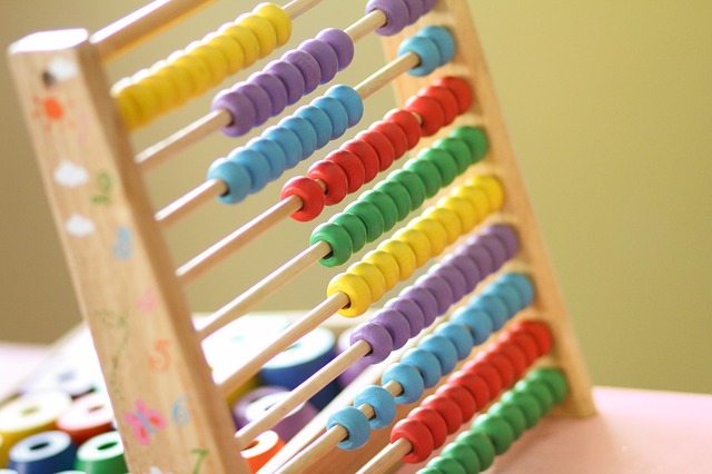 Abacus with yellow, purple, blue, red and green beads