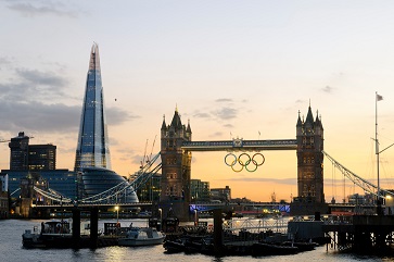 Tower Bridge with Olympic rings and the Shard in London