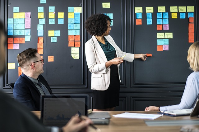 Woman leading team meeting with scrum of post-its