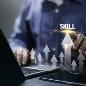 Up skill and personal development concept. employee pointing arrow to upskill or reskill, kill training, education, learning, ability, knowledge and competency for digital transformation.
