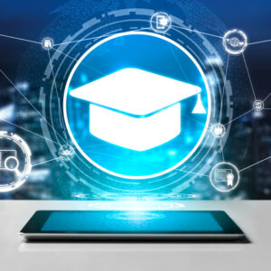 E-learning and Online Education for Student and University Concept. Graphic interface showing technology of digital training course for people to do remote learning from anywhere.