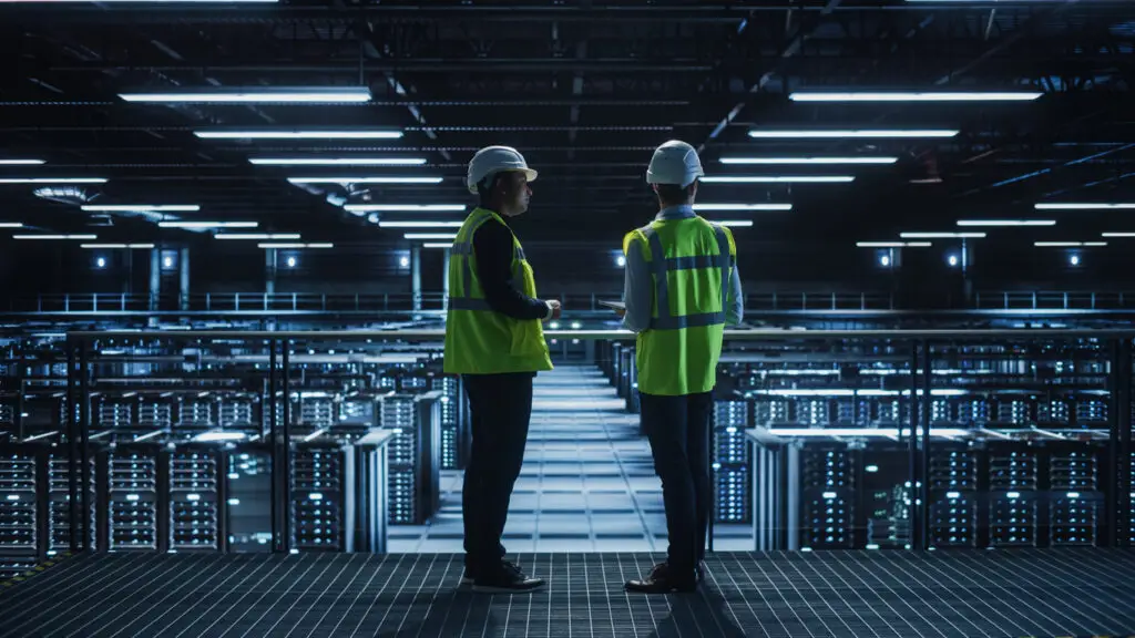 Two data workers in high visibility jackets assess servers in an expansive data farm.