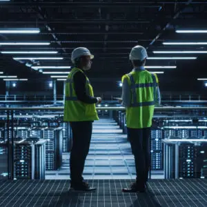 Data centre workers conducting an assessment.