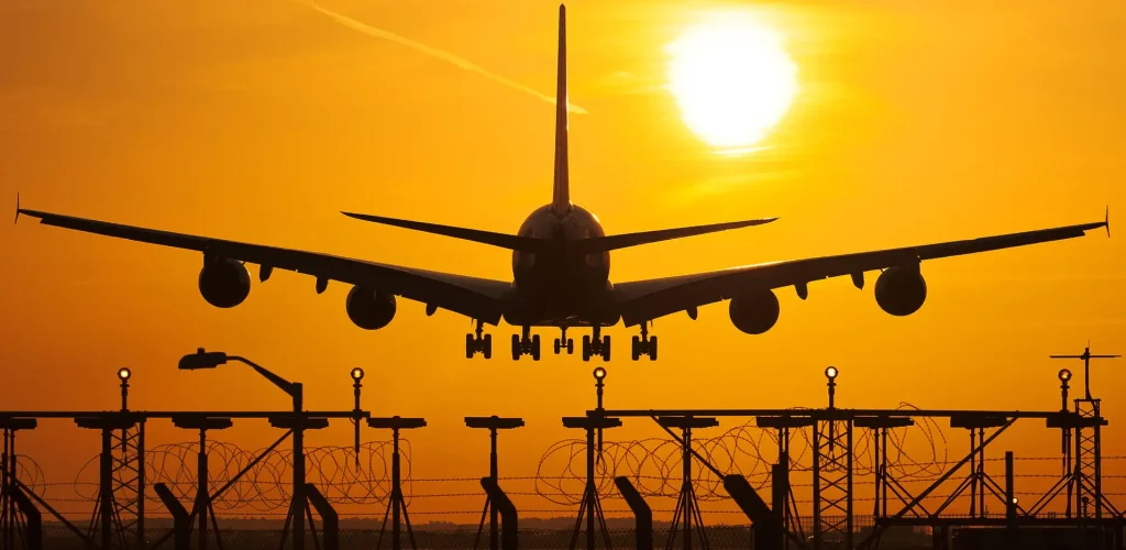 An aeroplane landing at Heathrow airport.