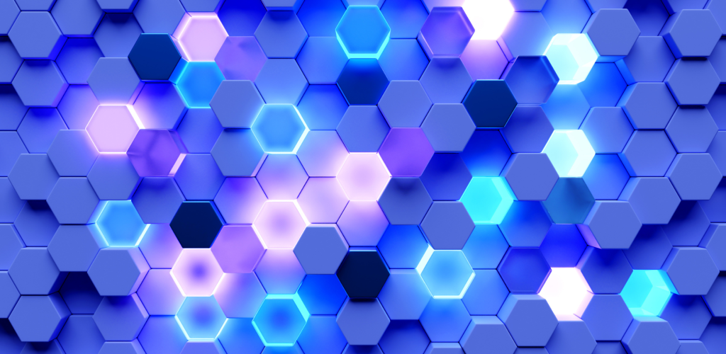 Illustrative. 3D honeycomb pattern with some hexagons lit up