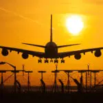 An aeroplane landing at Heathrow airport.