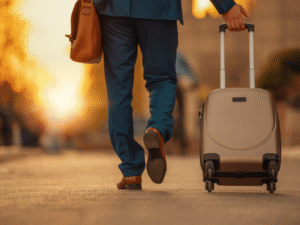 Man pulling a suitcase through the street in an autumn light.