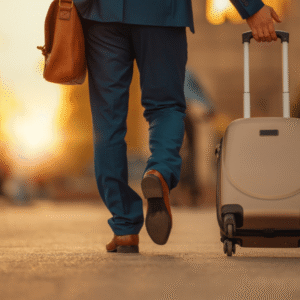 Man pulling a suitcase through the street in an autumn light denoting a CDO leaving for good
