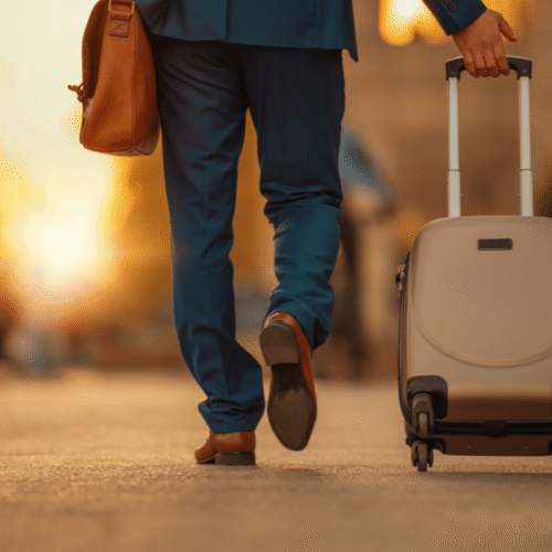 Man pulling a suitcase through the street in an autumn light.