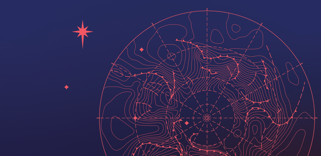 Data and AI Leadership: Under Way and Under Pressure 3 Dark blue background, and compass image in coral pink showing weather pressure bars, and a north star symbol