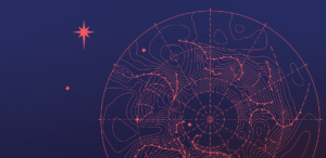 Dark blue background, and compass image in coral pink showing weather pressure bars, and a north star symbol