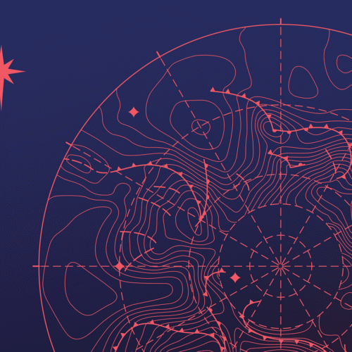 Dark blue background, and compass image in coral pink showing weather pressure bars, and a north star symbol