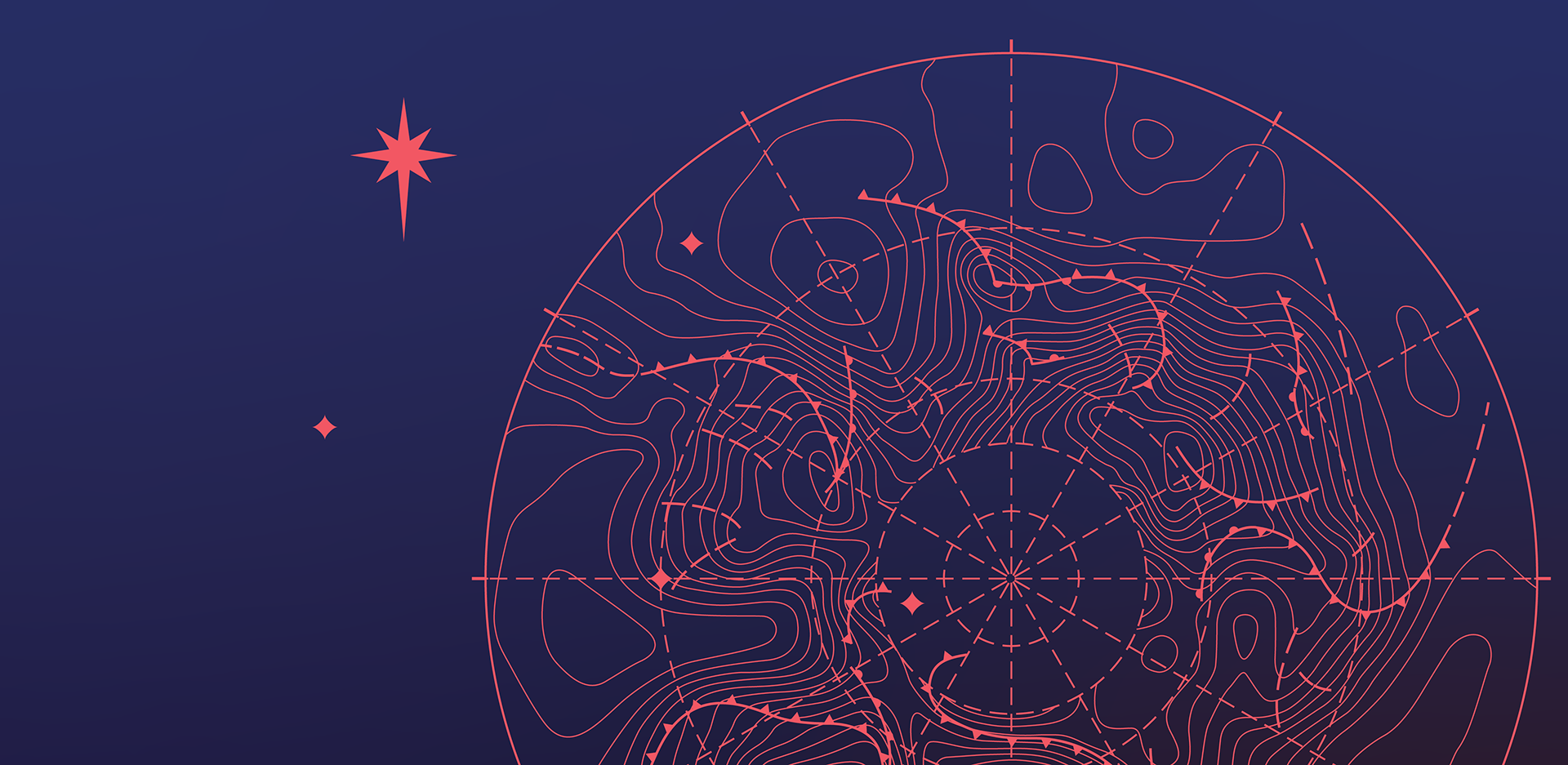 Dark blue background, and compass image in coral pink showing weather pressure bars, and a north star symbol