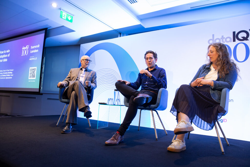 How to win adoption of your data 11 Robbie Priddle, Head of Data Enablement, Specsavers, and Kate Jones, Head of Data Product and Strategy, Coventry Building Society, at the 2024 DataIQ 100 Summit.