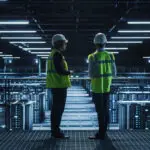 Two data workers in high visibility jackets assess servers in an expansive data farm.