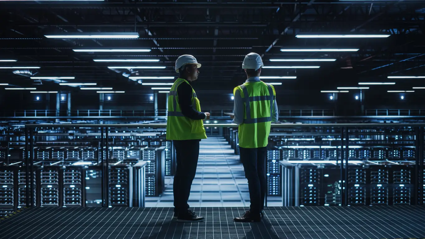 Two data workers in high visibility jackets assess servers in an expansive data farm.