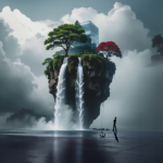 AI generated image of a tropical island set against a moody cloudy backdrop. An AI leader has anchored it to the ground