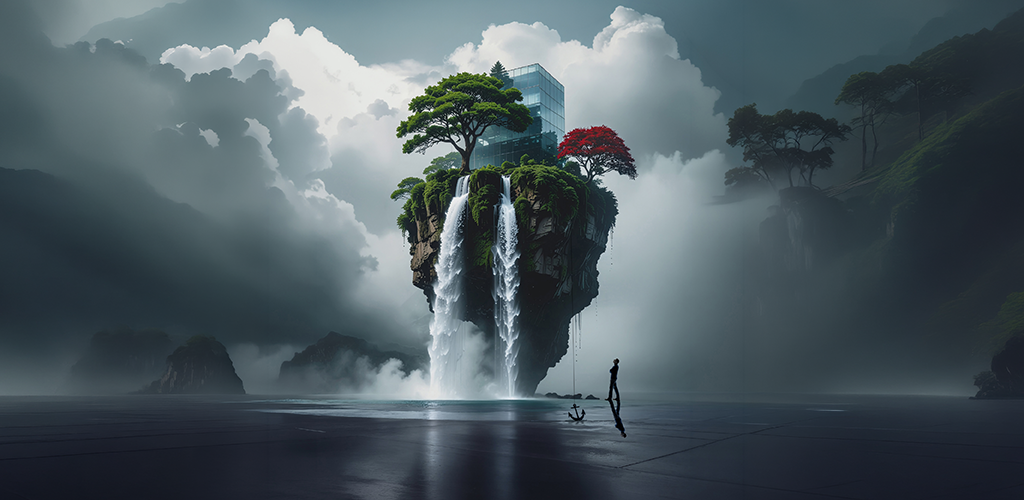 AI generated image of a tropical island set against a moody cloudy backdrop. An AI leader has anchored it to the ground