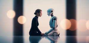 A human and a robot sitting opposite one another in a sympathetic pose