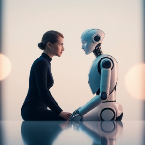 A human and a robot sitting opposite one another in a sympathetic pose