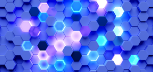 Illustrative. 3D honeycomb pattern with some hexagons lit up
