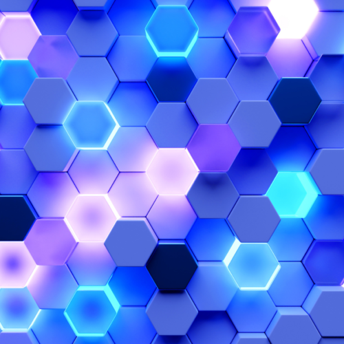 Illustrative. 3D honeycomb pattern with some hexagons lit up