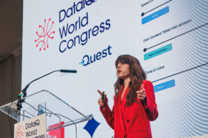 Close up of Mara Pometti, Mastercard on stage at World Congress 2025 talking about improving AI adoption