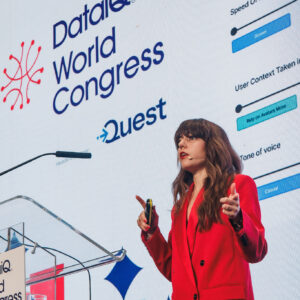 Close up of Mara Pometti, Mastercard on stage at World Congress 2025