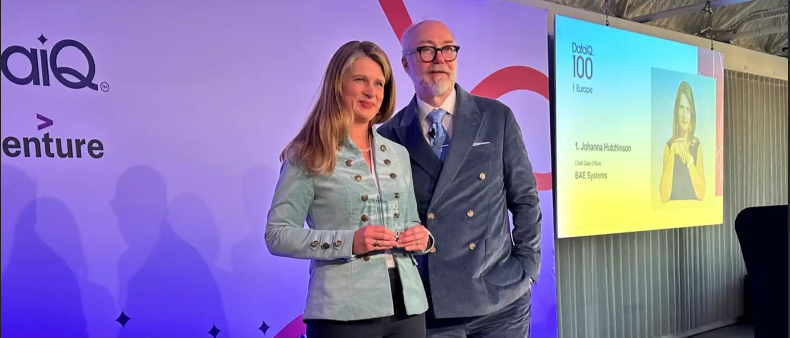 Johanna E Hutchinson, Chief Data Officer, BAE Systems, with David Reed at the 2025 DataIQ 100 reveal