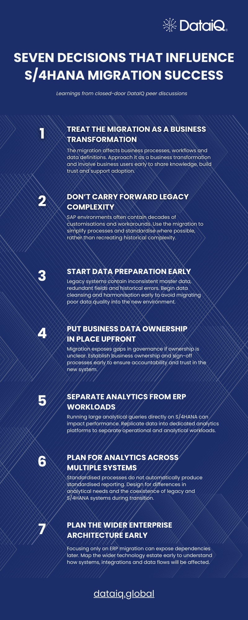 Infographic outlining seven key decisions for successful S/4HANA migration, including treating the programme as a business transformation, simplifying legacy complexity, starting data preparation early, establishing data ownership, separating analytics from ERP, planning for multi-system analytics, and designing enterprise architecture early.
