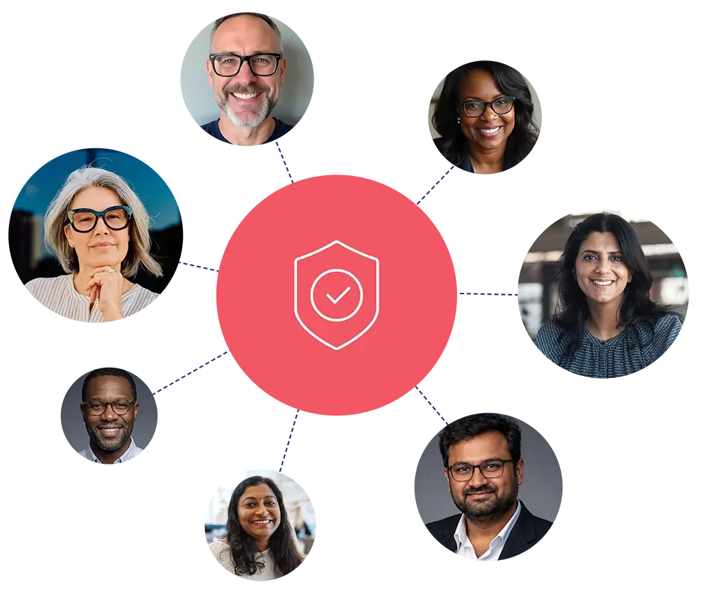 A group of data and ai leaders centred around a trust symbol