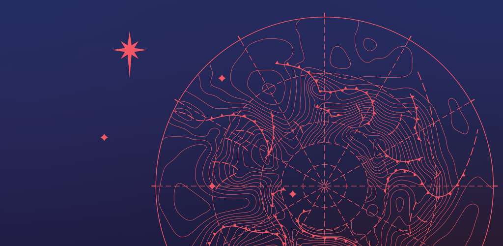 Dark blue background, and compass image in coral pink showing weather pressure bars, and a north star symbol