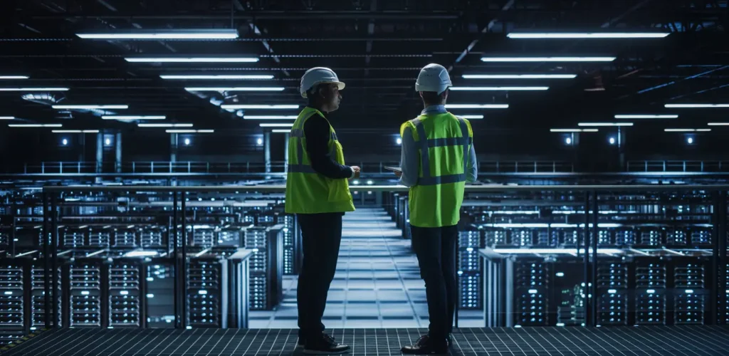 Two data workers in high visibility jackets assess servers in an expansive data farm.